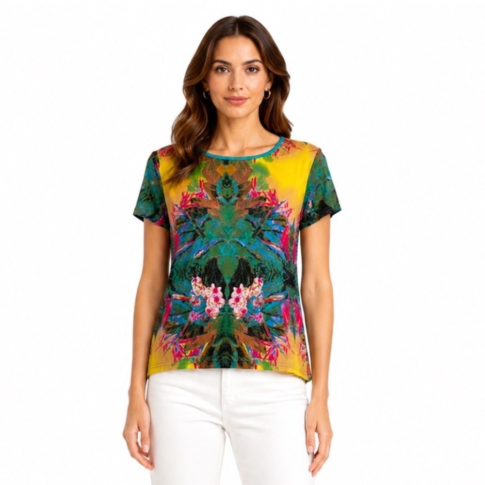 Monte Milano Bold Print Stretch Blouse Women L Art to Wear Tropical Vibrant